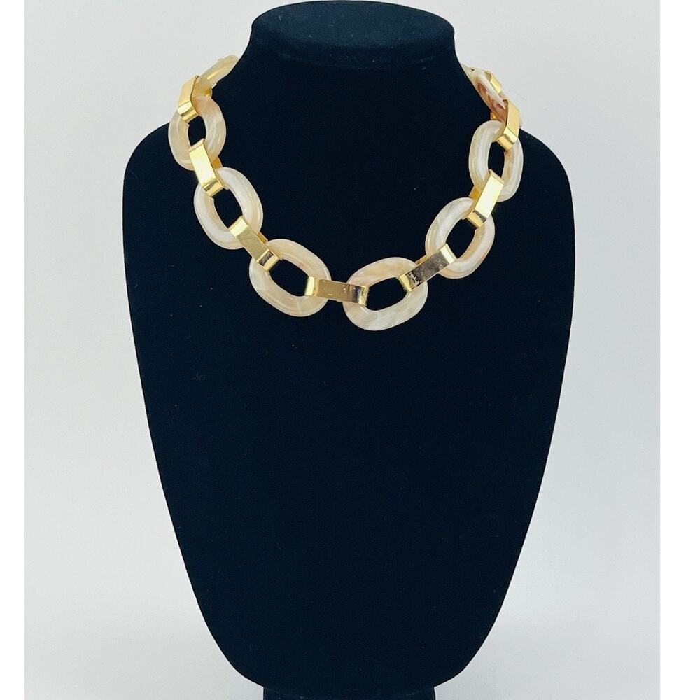 Jcrew Signed Cream Statement Chunky Bib Paperclip Necklace Gold Tone Marble Tort